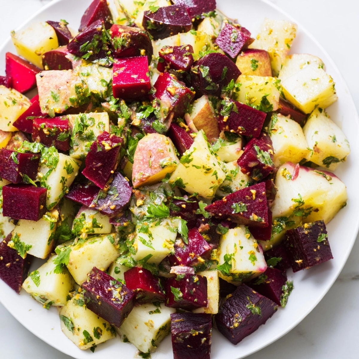 Deutscher Kartoffel- und Rübensalat: ein appetitlicher vegetarischer Salat mit Senfdressing.