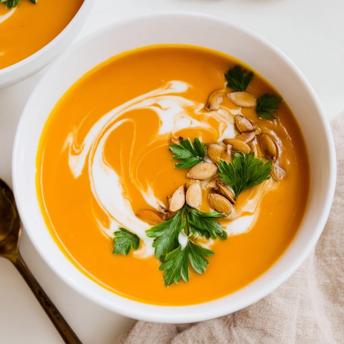 Seidige, samtige, amerikanische Kürbissuppe mit geröstetem Gemüse und Gewürzen serviert.  