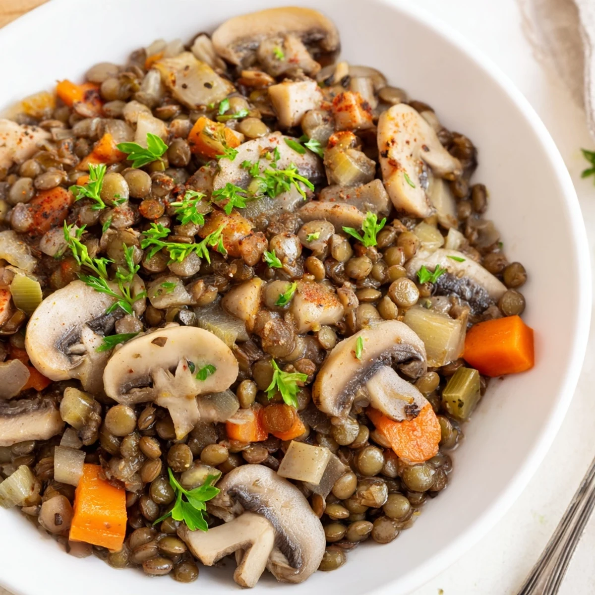 Herzhaftes Lentil- und Pilz-Eintopf mit aromatischen Kräutern und frisch gehackter Petersilie.