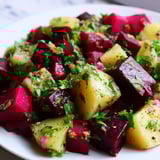 Warmer deutscher Kartoffel- und Rübensalat, ein reichhaltiger und zufriedenstellender Beilagensalat auf einem Servierteller.